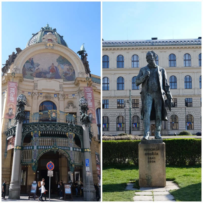 拼贴图左侧是布拉格的市民会馆外景，拼贴图右侧是一座德沃夏克的雕塑