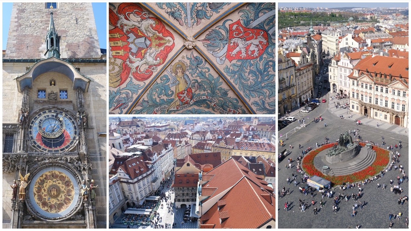 四张照片的拼贴图。左侧是天文钟，右侧是布拉格广场的俯视图，中上是布拉格旧市政厅入口天花板上的壁画，中下是布拉格广场另一侧街道的俯视图