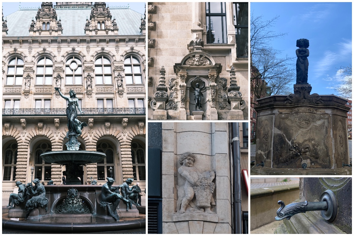 五张图的拼图。左为一座巴洛克风格喷泉，其上有一座青铜质的女神雕塑，下方周围一圈亦有数位摆出坐姿、手持物件的青铜人像。中上为一座墙壁上的雕塑，人像上方有一对海鸥。中下为一座墙壁上的雕塑，一个小孩拎着装有大鱼的桶。右上为另一座巴洛克风格喷泉，上有一座青铜质的女神雕塑，右下是该喷泉其中一个喷嘴的特写，是一个嘴巴圆润宽大、羽毛类似凤凰的动物头部形象。