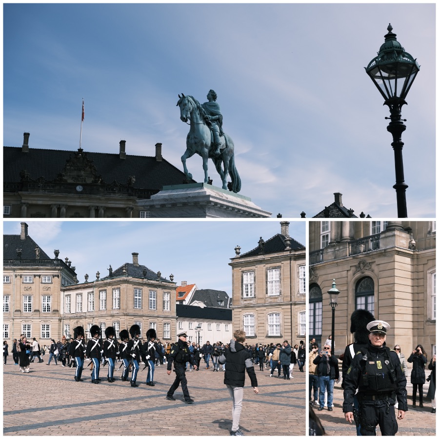 三张图组成的拼图。上为蓝天下一座卫兵骑马的雕塑；左下为一队在广场上行进的卫兵；右下为正在张望的卫兵领班。