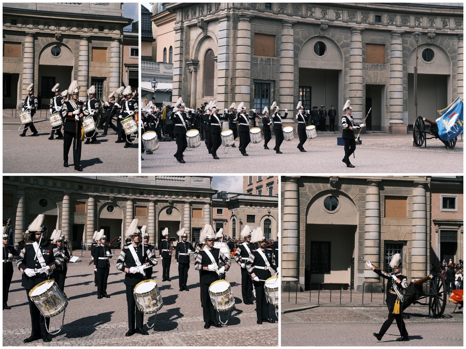 四张图组成的拼图，分别是皇家军乐队刚刚进入广场、在广场中转弯、领头士兵挥舞长棒的特写、和排好队列演奏时军鼓手把鼓棒集体抛向空中的瞬间。