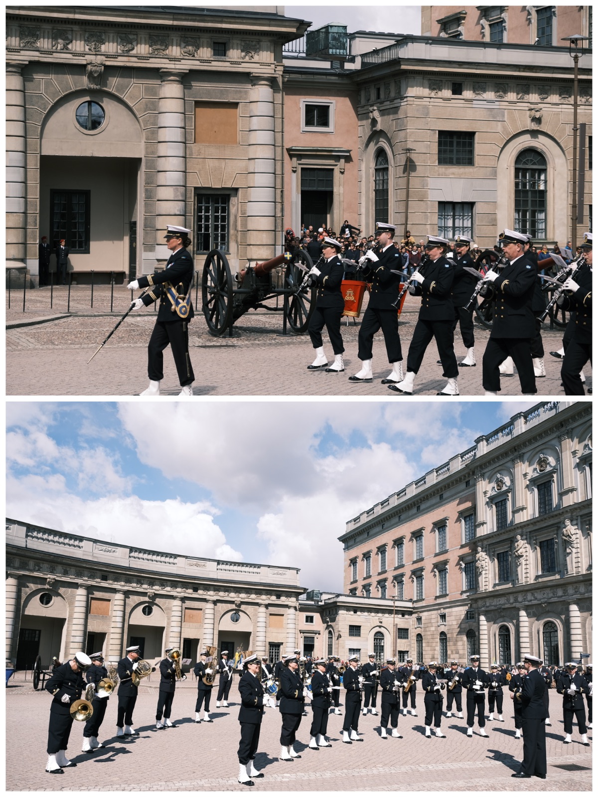 两张图组成的拼图，分别是海军军乐团正在行进中和在广场中央排好队列的样子。