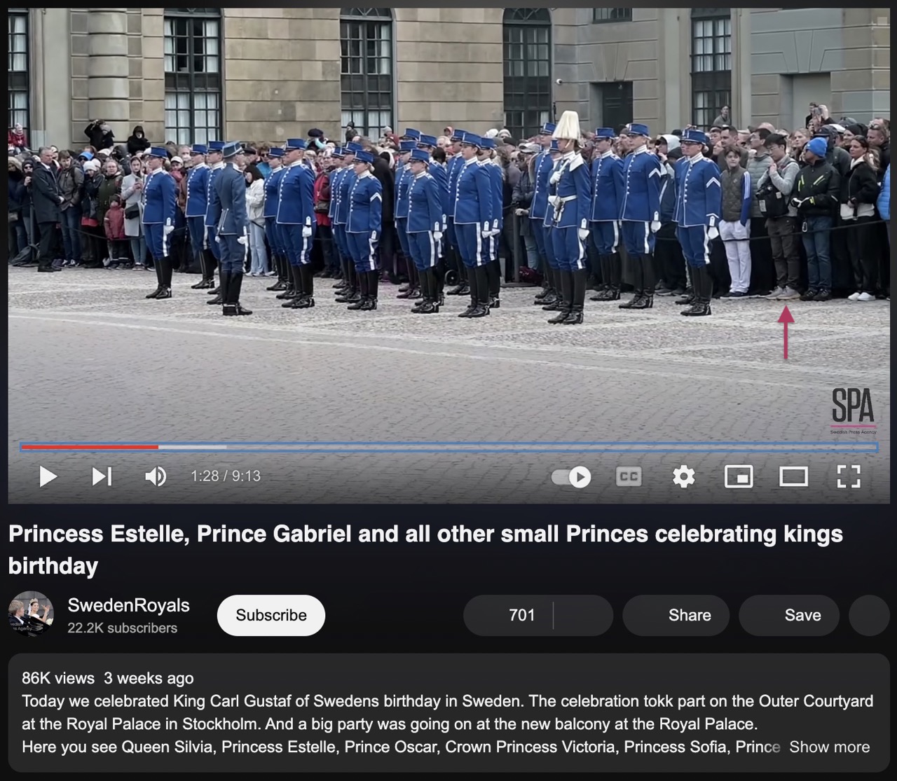 一张来自“瑞典皇室”官方号的 YouTube 视频页面截图，在一排士兵陈列的右边能看到我自己。