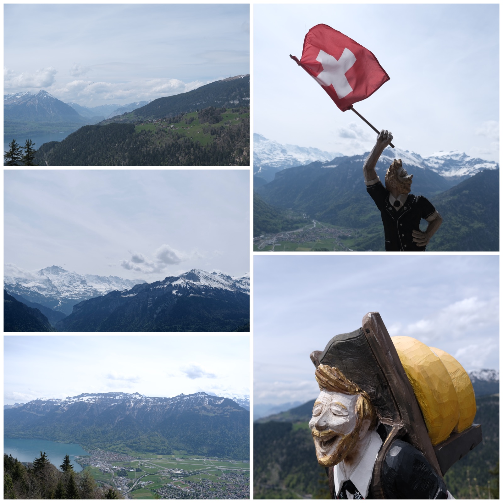 五张图片构成的拼图，左上、左中、左下分别是不同角度的山色远景，能看到白云下的雪山、山半腰平地上的村落、还有山脚下的大片湖泊和城镇；右上和右下是两个木雕小人，一个举着瑞士国旗望向远方，另一个背着两块奶酪块开怀大笑。
