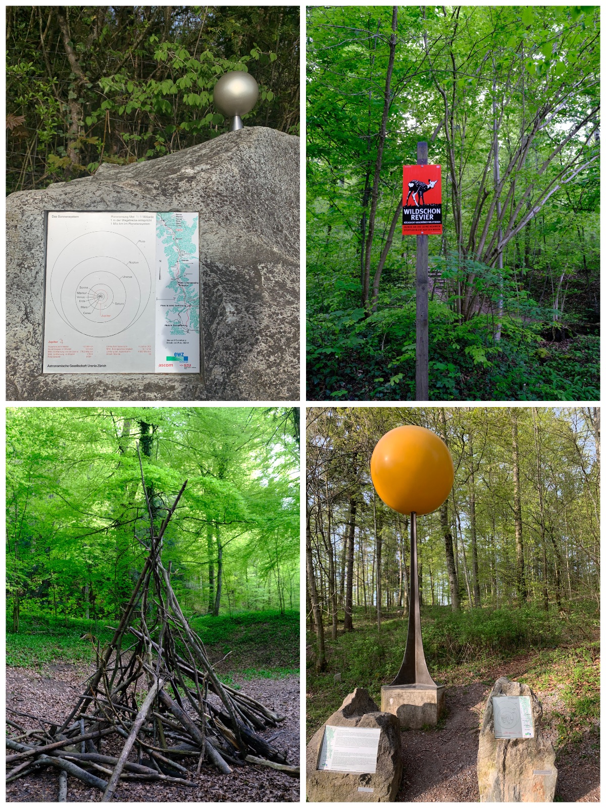 四张图组成的拼图，左上角是一个大石上嵌着的一块金属板，板子上是太阳系行星轨道图和关于木星的介绍，石头顶上立着一个金属制的圆球；右上是翠绿色的树林间一块方形标识，橙红色的牌子上用黑白色画着一只梅花鹿，写着野生动物区；左下是在同样翠绿的山林间，空地上用树枝搭起的一个篝火架；右下是一个巨大的黄色圆球雕塑，被细长的棕黑色的杆子立在半空。